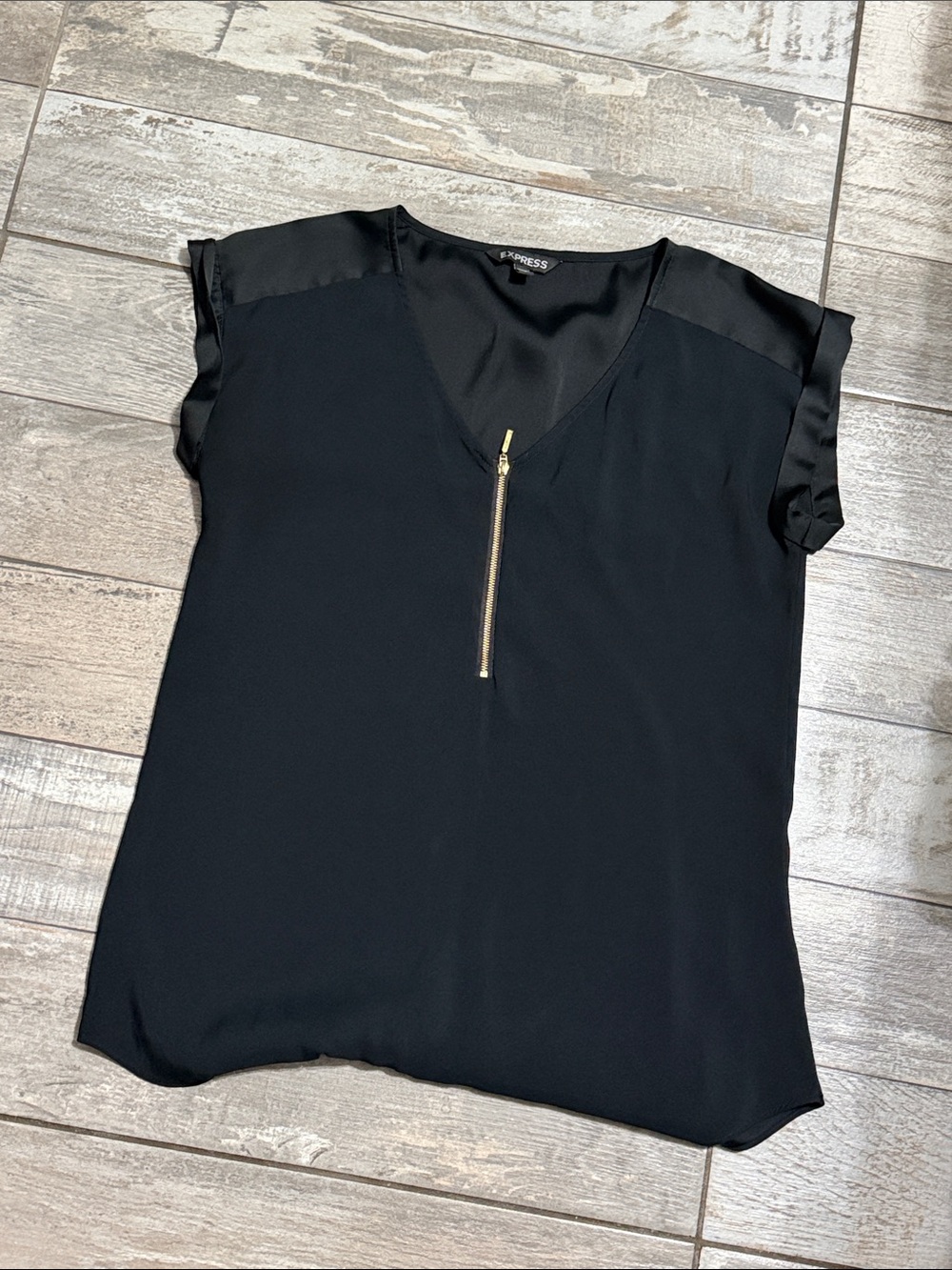 Express Black V-Neck Zip Front Blouse with Gold Hardware